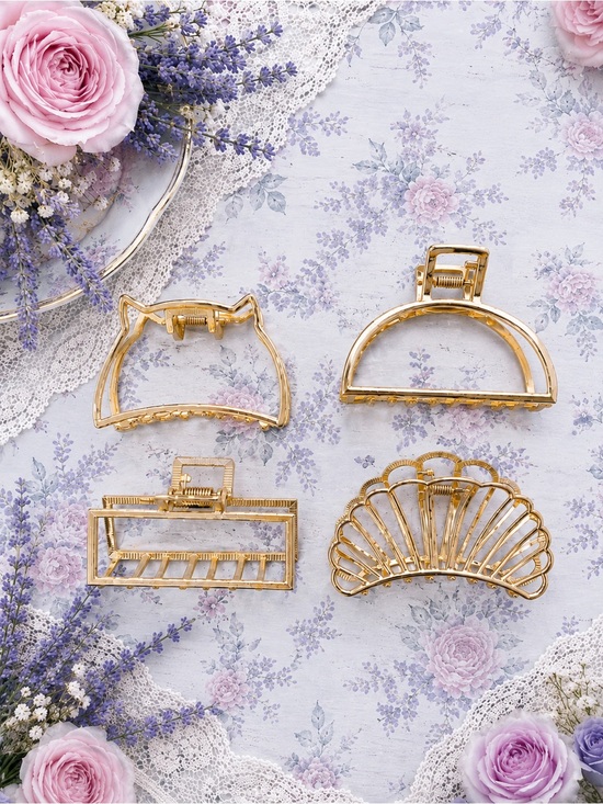 Accessories - Set of 4 Gold Metal Hair Claw Clips | Cat, Shell & Geometric Designs | New